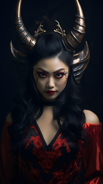 bela jovem asiática com chifres de diabo vestindo traje de halloween fundo de casa assombrada