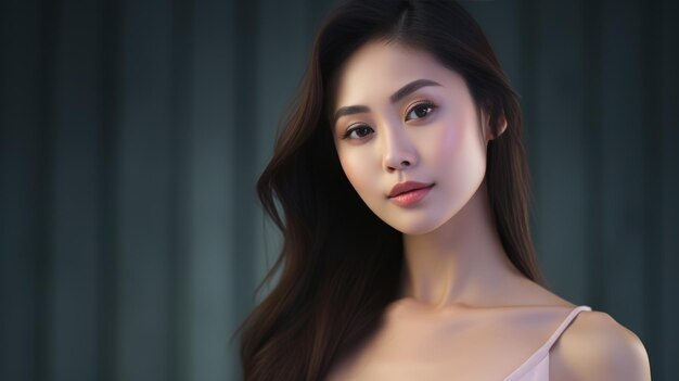 Bela jovem asiática com pele limpa e fresca em fundo bege Cuidados faciais Tratamento facial Cosmetologia beleza e spa Retrato de mulheres asiáticas