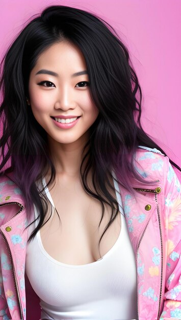 Bela jovem asiática com uma jaqueta rosa em um fundo rosa