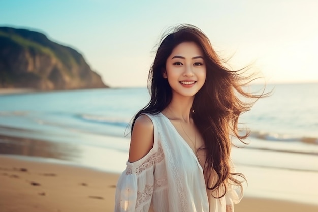 Bela jovem asiática feliz relaxando caminhando na praia perto do mar