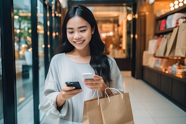 Bela jovem asiática usando laptop ou telefone celular inteligente para fazer compras on-line no sofá