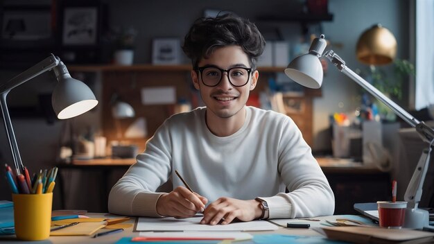 Foto bela jovem cartunista ou animador usa óculos suéter casual branco envolvido em trabalho criativo