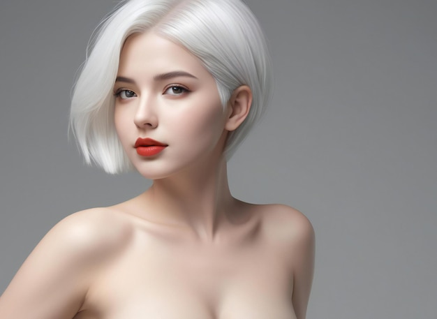 Bela jovem com cabelos curtos brancos Retrato de uma menina com cabelos brancos
