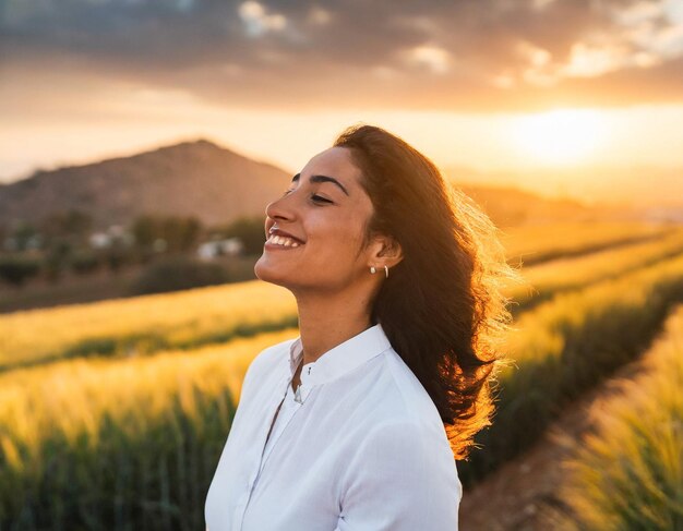 Foto bela jovem com cabelos longos em um pôr-do-sol retrato de luz sorridente feliz mulher livre com fechado