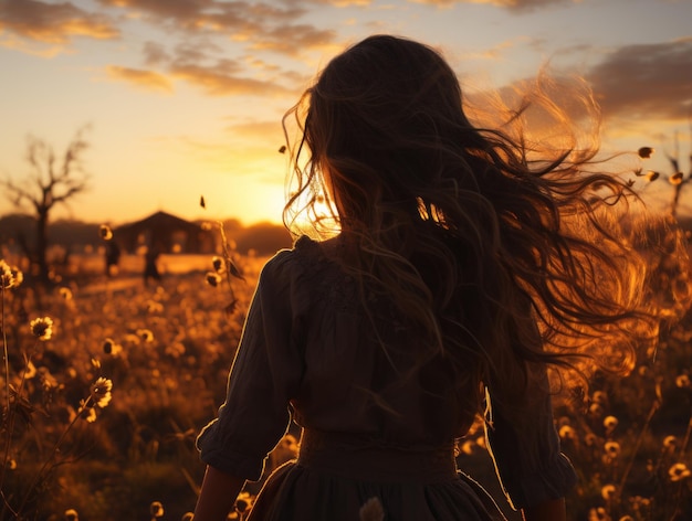 Bela jovem com cabelos longos no campo ao pôr-do-sol