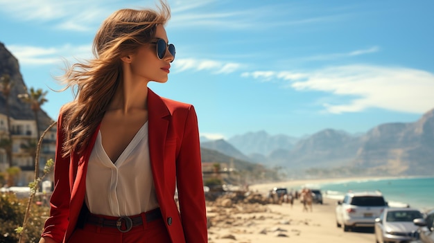 Bela jovem com casaco vermelho e óculos de sol na praia