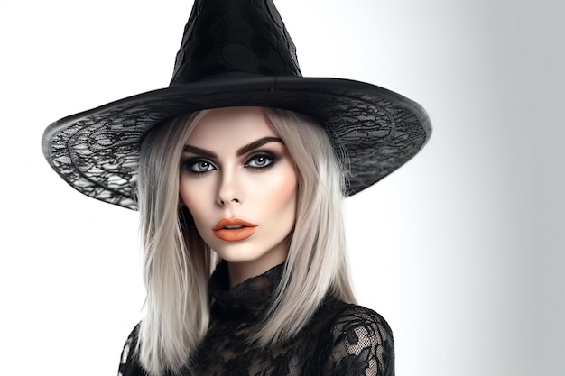 Bela jovem com chapéu de bruxa preto em fundo branco Halloween