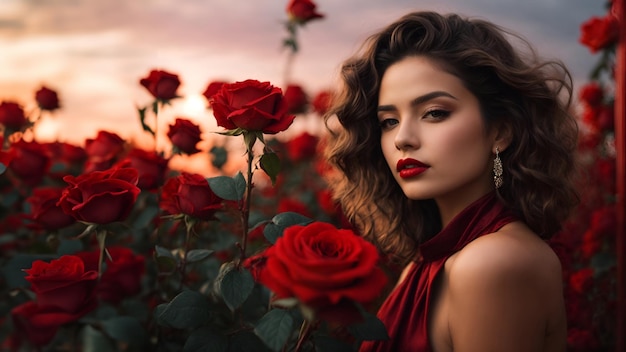 Foto bela jovem com lábios vermelhos segurando um fundo de céu rosa vermelho