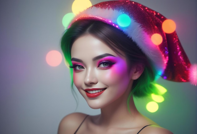 Bela jovem com maquiagem brilhante e chapéu de Natal