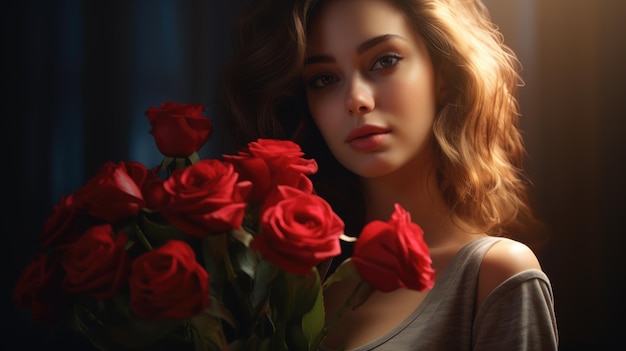 Bela jovem com um buquê de rosas vermelhas ai gerado