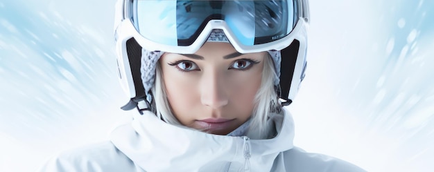 Bela jovem com um capacete de esqui e óculos de proteção em um fundo claro IA generativa
