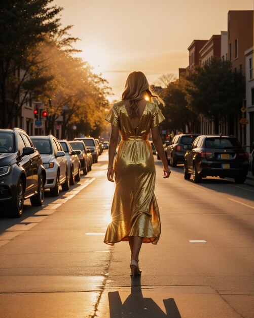 Bela jovem com um longo vestido amarelo caminhando na rua ao pôr do sol ai generativo