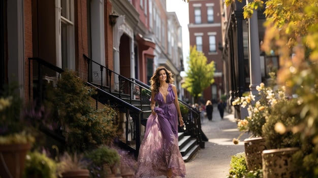 Bela jovem com um longo vestido roxo caminhando pela cidade