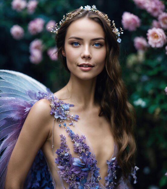 Foto bela jovem com um vestido roxo com maquiagem e flores beleza moda ai generativa