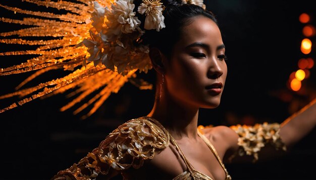 Foto bela jovem com uma coroa de flores dançando flamenco ai generative