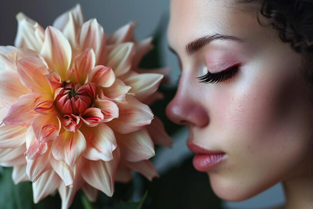 Bela jovem com uma flor de dahlia em close-up