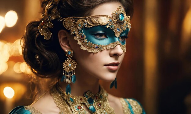 Bela jovem com uma máscara veneziana na mascarada ai generative
