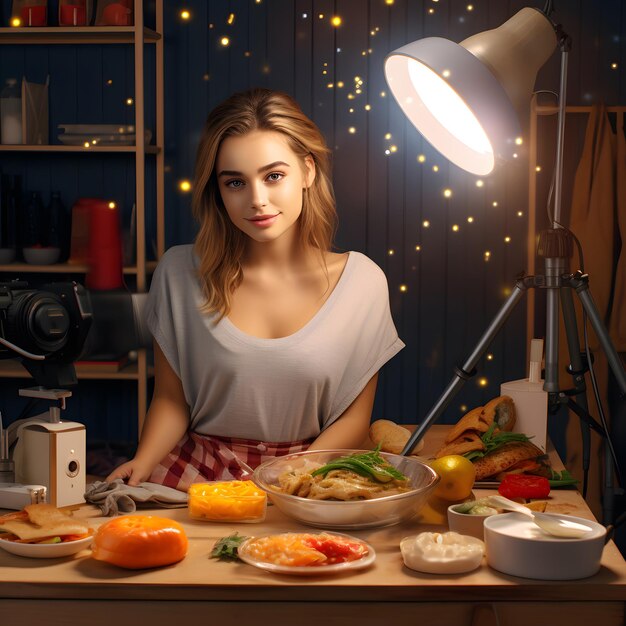 Bela jovem cozinhando na cozinha em casa Blogger de comida