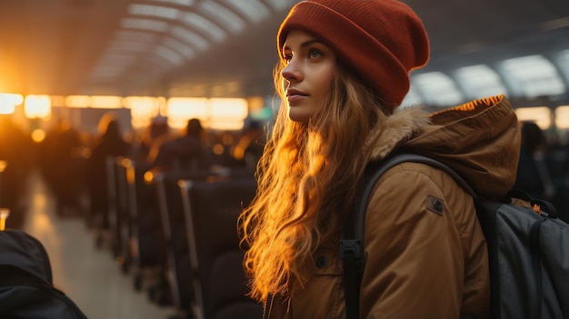 Bela jovem de casaco bege e chapéu vermelho no fundo do aeroporto