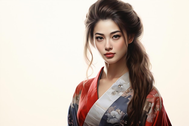 Bela jovem de kimono em close de fundo claro
