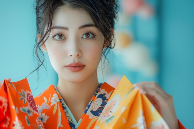 Bela jovem de kimono laranja vibrante com padrões delicados posando cuidadosamente contra