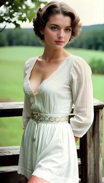 Bela jovem de vestido branco no fundo da paisagem de verão