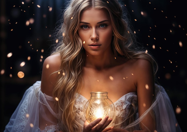 Bela jovem de vestido branco segurando uma vela acesa