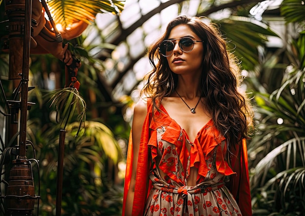 Bela jovem de vestido vermelho e óculos de sol posando em um jardim tropical