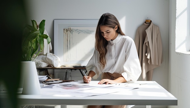 bela jovem designer de moda trabalhando com esboços no escritório moderno durante o dia