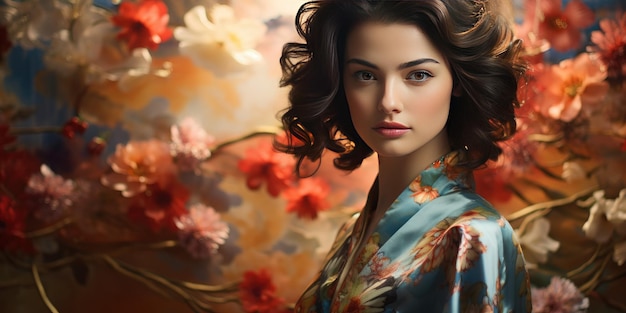 Bela jovem em kimono em um fundo floral foto de alta qualidade IA geradora