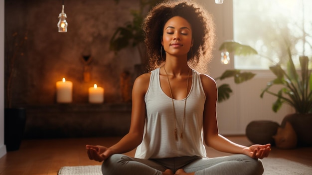 Foto bela jovem em posição de meditação em posição de lótus em casa meditando ia generativa