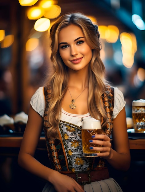 Bela jovem empregada de mesa com uma caneca de cerveja na Oktoberfest