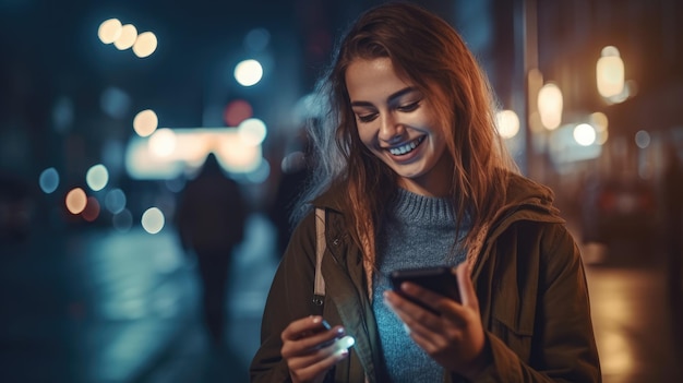 Bela jovem europeia olhando para o telefone na mão na rua à noite