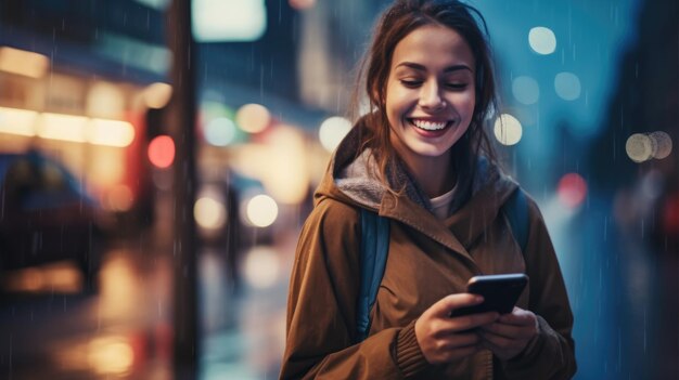 Bela jovem europeia olhando para o telefone na mão na rua à noite