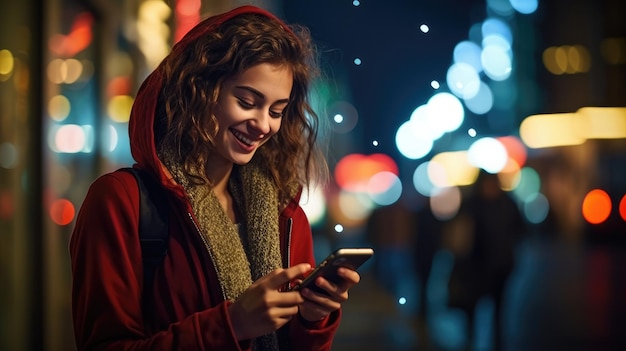 Bela jovem europeia olhando para o telefone na mão na rua à noite