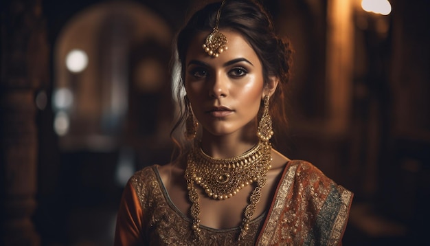 Bela jovem exala elegância e confiança no sari tradicional gerado pela inteligência artificial
