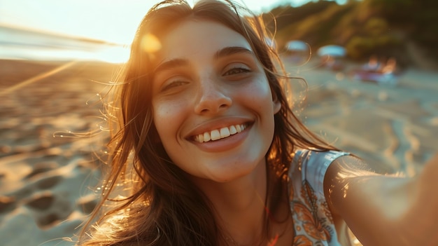 Bela jovem fazendo selfie na praia jovem alegre sorrindo durante as férias de verão