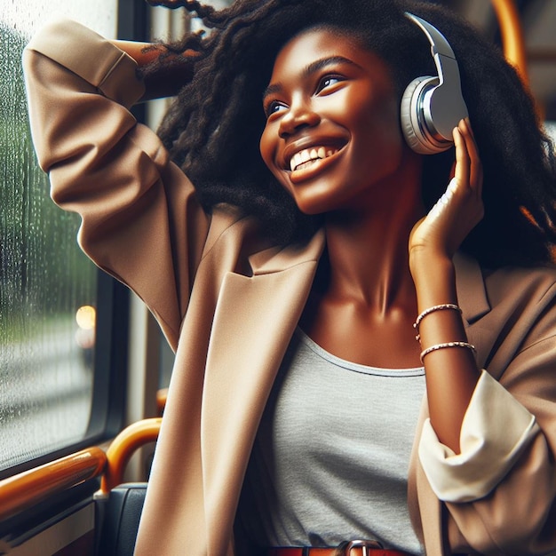 Foto bela jovem hppie freaky trendy mulher com fones de ouvido plugs ouvindo música em um ônibus