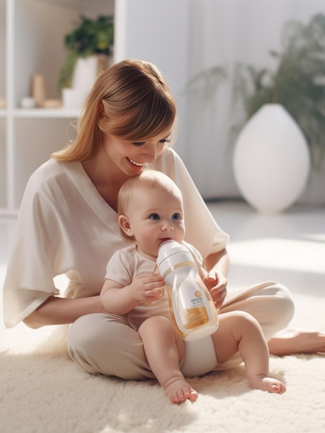 Bela jovem mãe com cauda em camisa branca alimentando seu bebê recém-nascido por garrafa o IA generativa