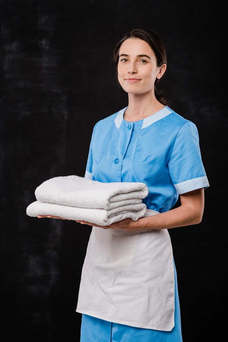 Foto bela jovem morena empregada doméstica de uniforme segurando duas toalhas macias dobradas para os convidados e olhando para você isolada