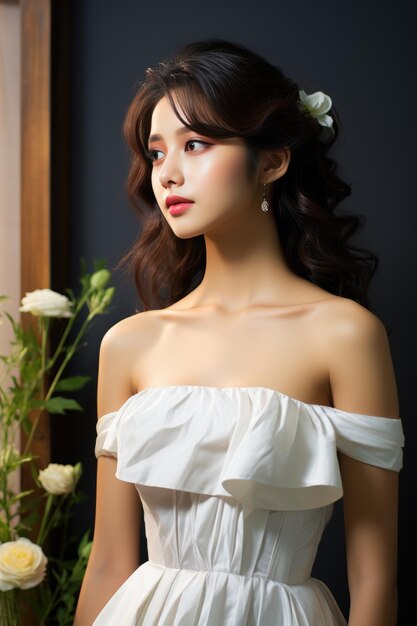 Bela jovem mulher asiática com vestido branco