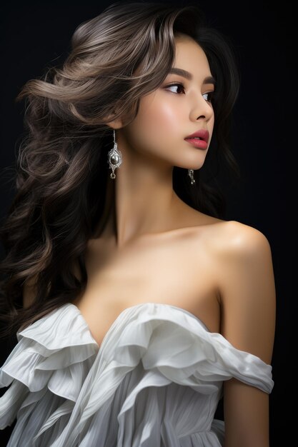 Bela jovem mulher asiática com vestido branco