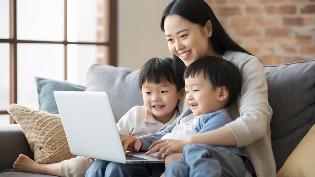 Foto bela jovem mulher asiática mãe com seus dois filhos usando laptop no sofá