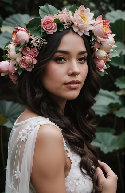 Foto bela jovem mulher com flores no cabelo olhando para a câmera isolado em cinza ai generativo