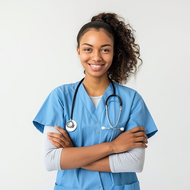 Bela jovem mulher mulher médico olhando para a câmera com um sorriso