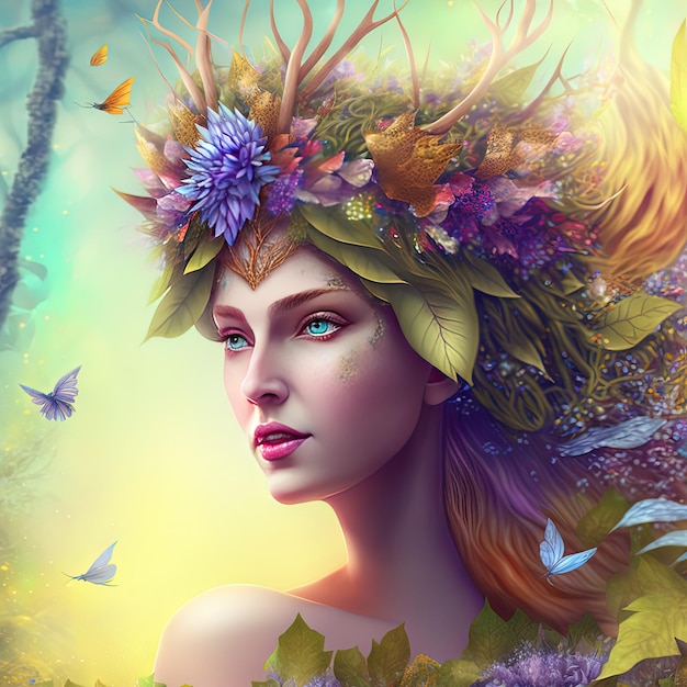 Bela jovem ninfa espírito da floresta com cabelos longos e ornamentos botânicos