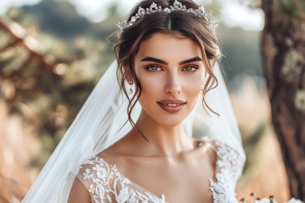 Bela jovem noiva no dia de seu casamento celebra a vitória do amor casamento vestido branco em estilo boho minimalismo maquiagem festiva