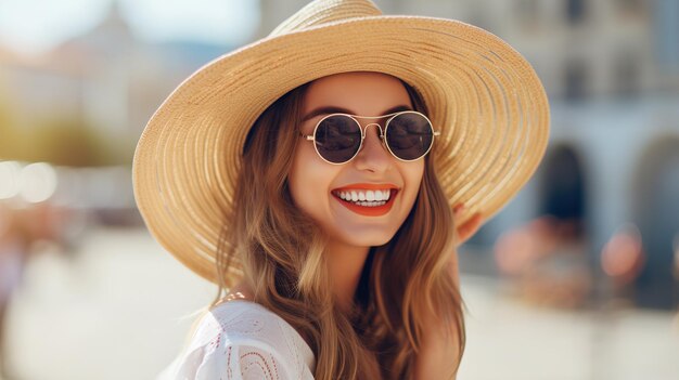 Foto bela jovem positiva com chapéu e óculos.