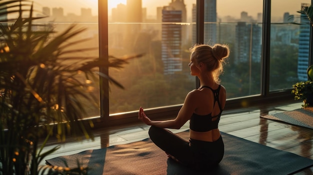 Foto bela jovem praticando ioga em um apartamento moderno pela janela ao nascer do sol