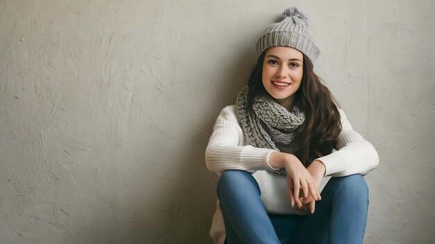 Bela jovem sentada contra a parede vestindo suéter branco e jeans, chapéu e lenço de tricô